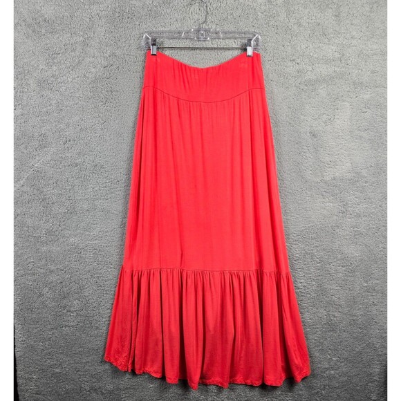 Womens A-line Skirt 1X Coral Red Asymmetrical Maxi High Waist Boho Flowy Chic - Picture 4 of 6